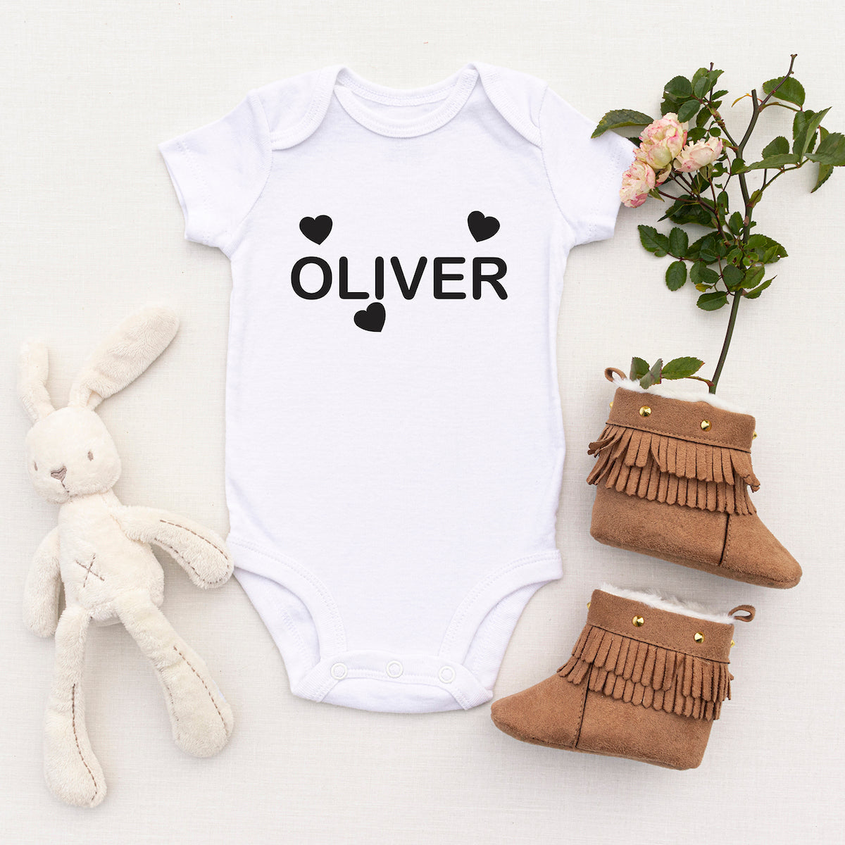 Personalised White Baby Body Suit Grow Vest - Triple Heart