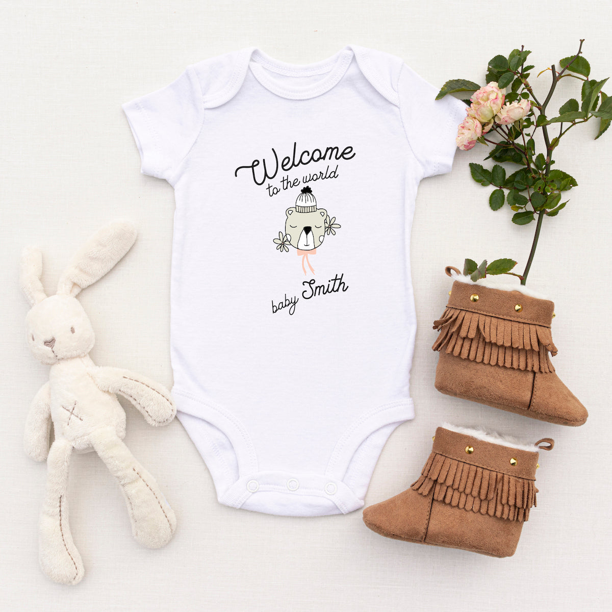Personalised White Baby Body Suit Grow Vest - Cat