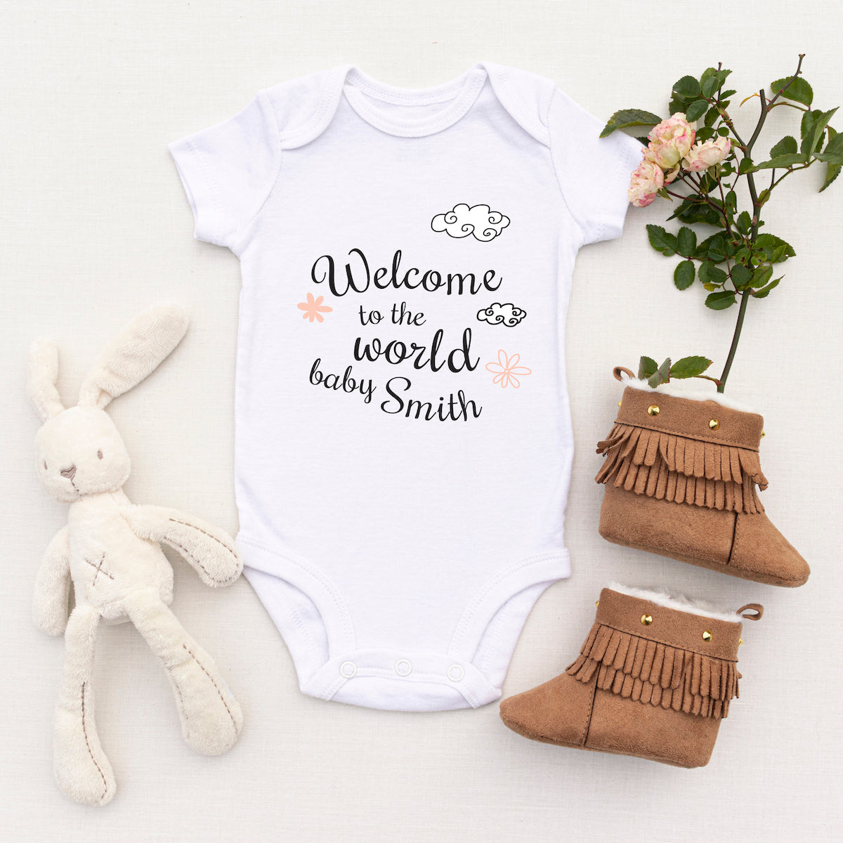 Personalised White Baby Body Suit Grow Vest - Clouds