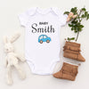 Personalised White Baby Body Suit Grow Vest - Blue Car