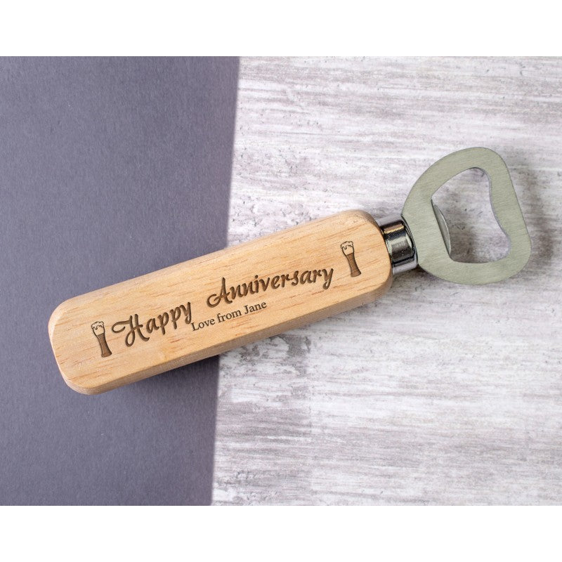 Personalised Engraved Wooden Bottle Opener - Anniversary Special v2