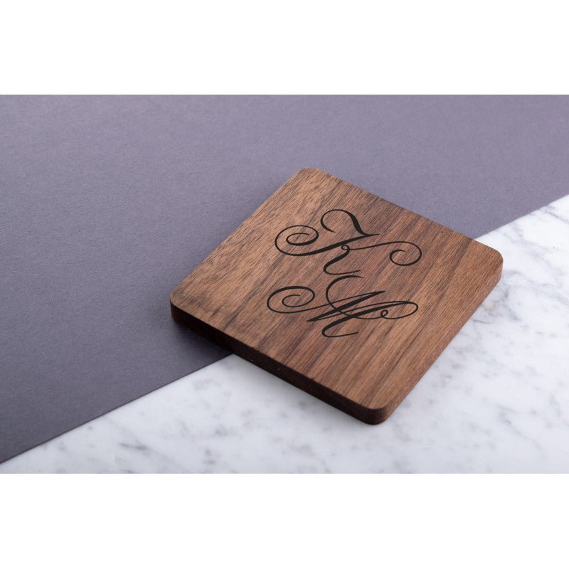 Personalised Engraved Wooden Walnut Coaster - Cursive Letters