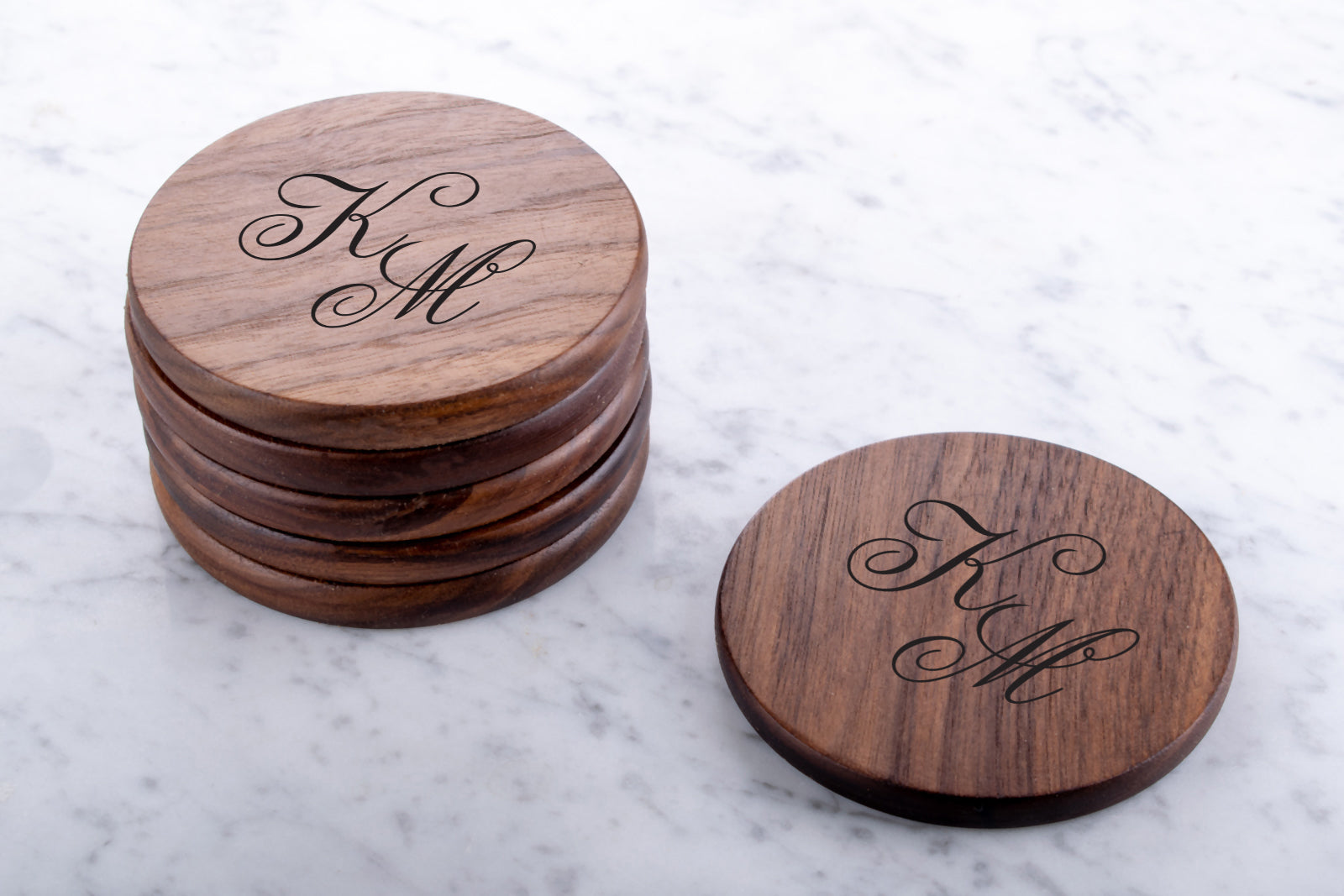 Personalised Engraved Walnut Coaster Round - Cursively