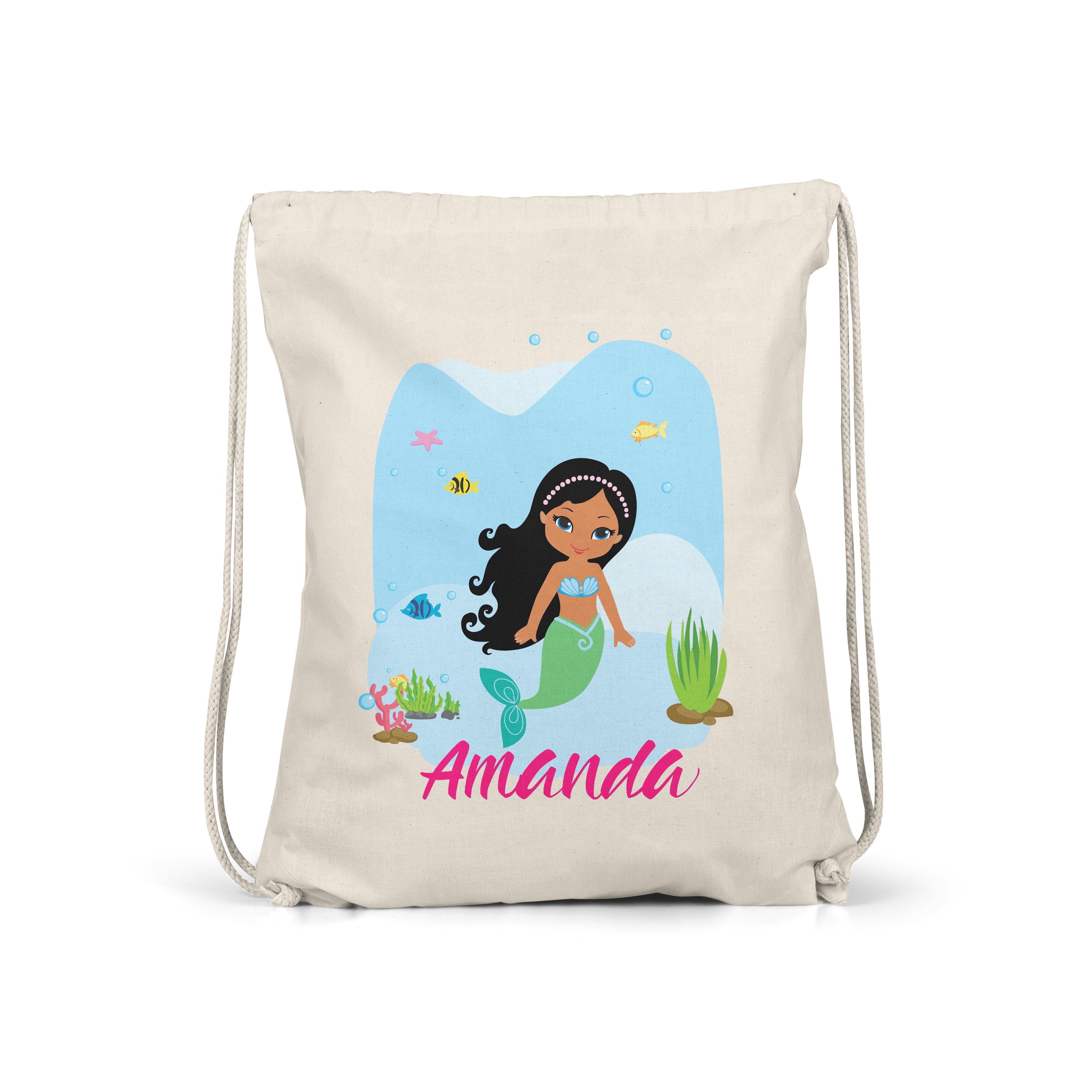 Mermaid - Personalised Kids Gym Bag - Multiple Colours - Perfect Gift -  Black hair