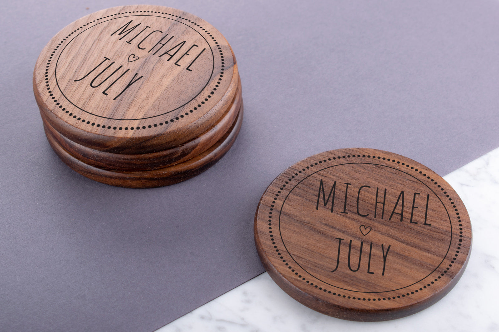 Personalised Engraved Walnut Coaster Round - Dark