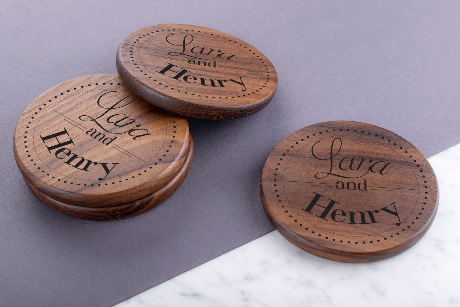 Personalised Engraved Walnut Coaster Round - Cursive