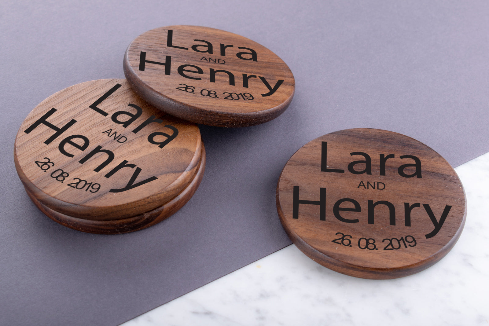 Personalised Engraved Walnut Coaster Round - Tea Here!