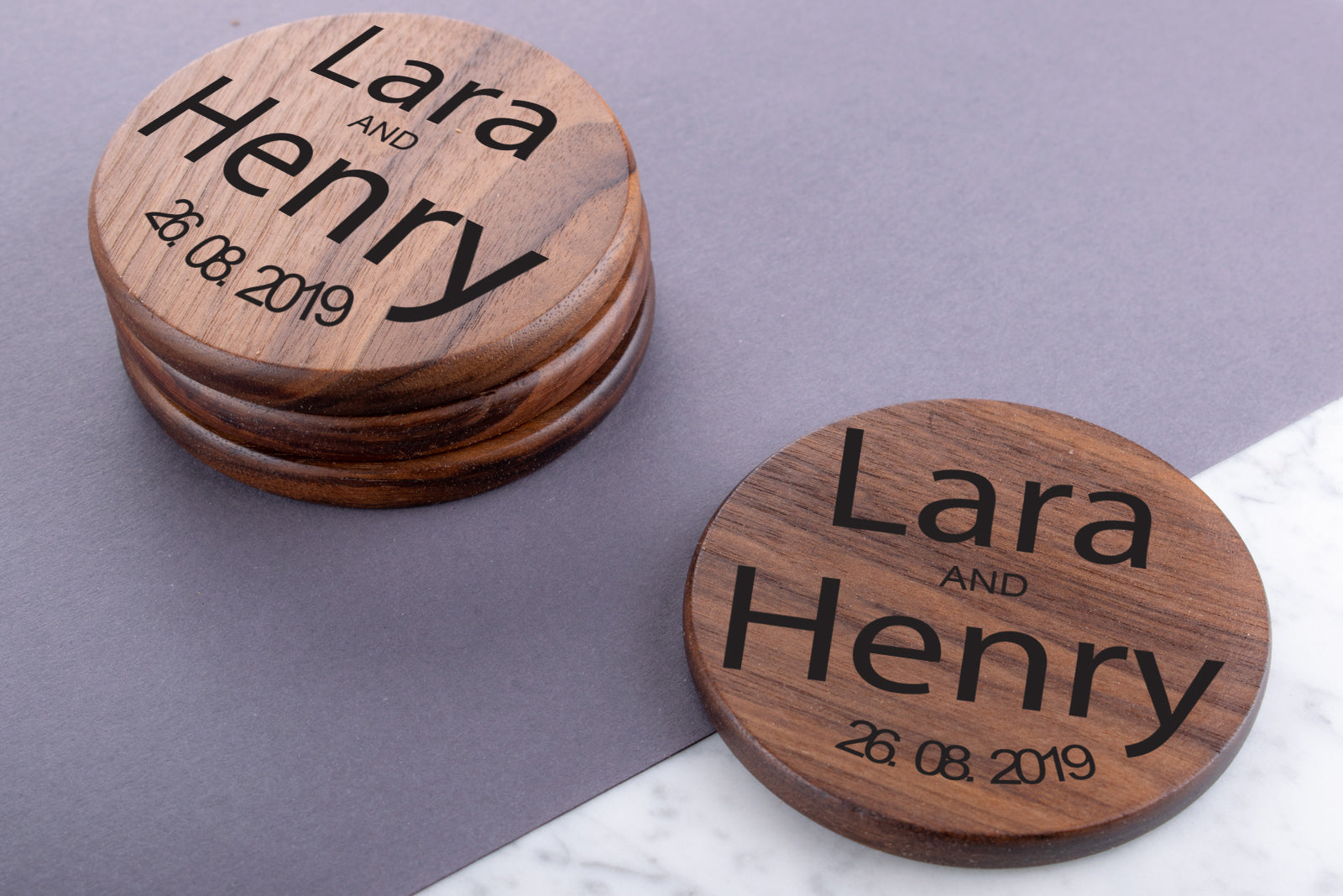 Personalised Engraved Walnut Coaster Round - Tea Here!