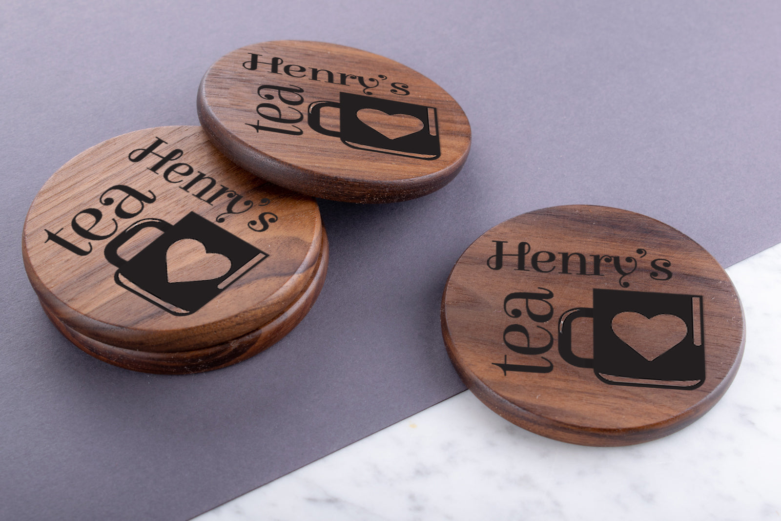 Personalised Engraved Walnut Coaster Round - Fancy