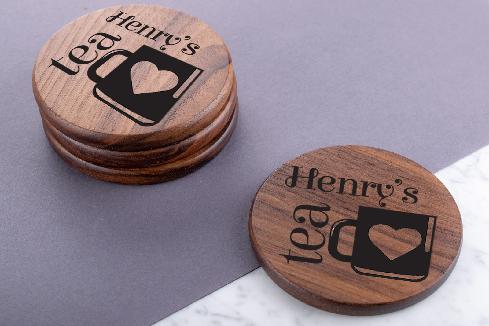 Personalised Engraved Walnut Coaster Round - Fancy