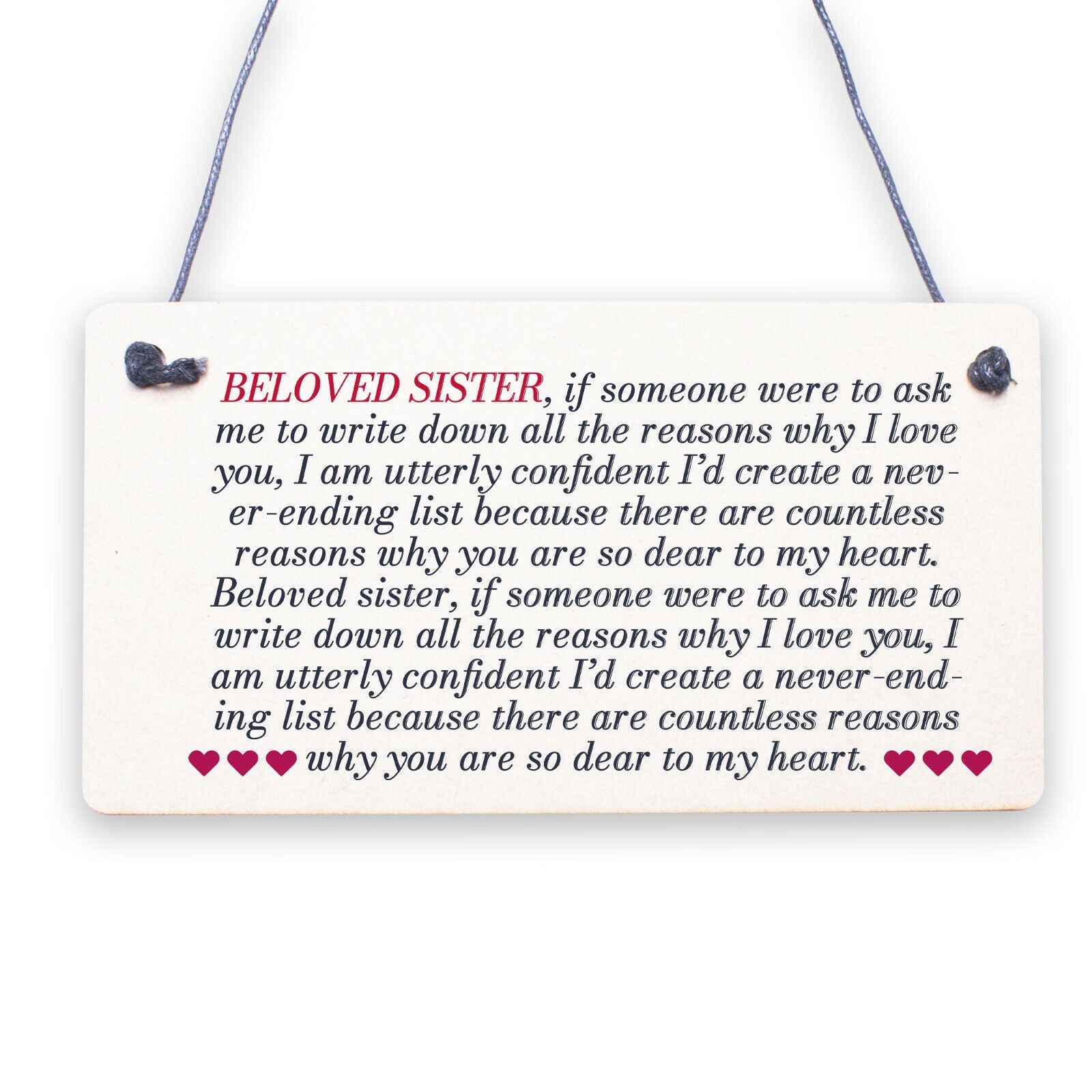 Birthday Christmas Gifts For Sister Keepsake Hanging Plaque Love You THANK YOU