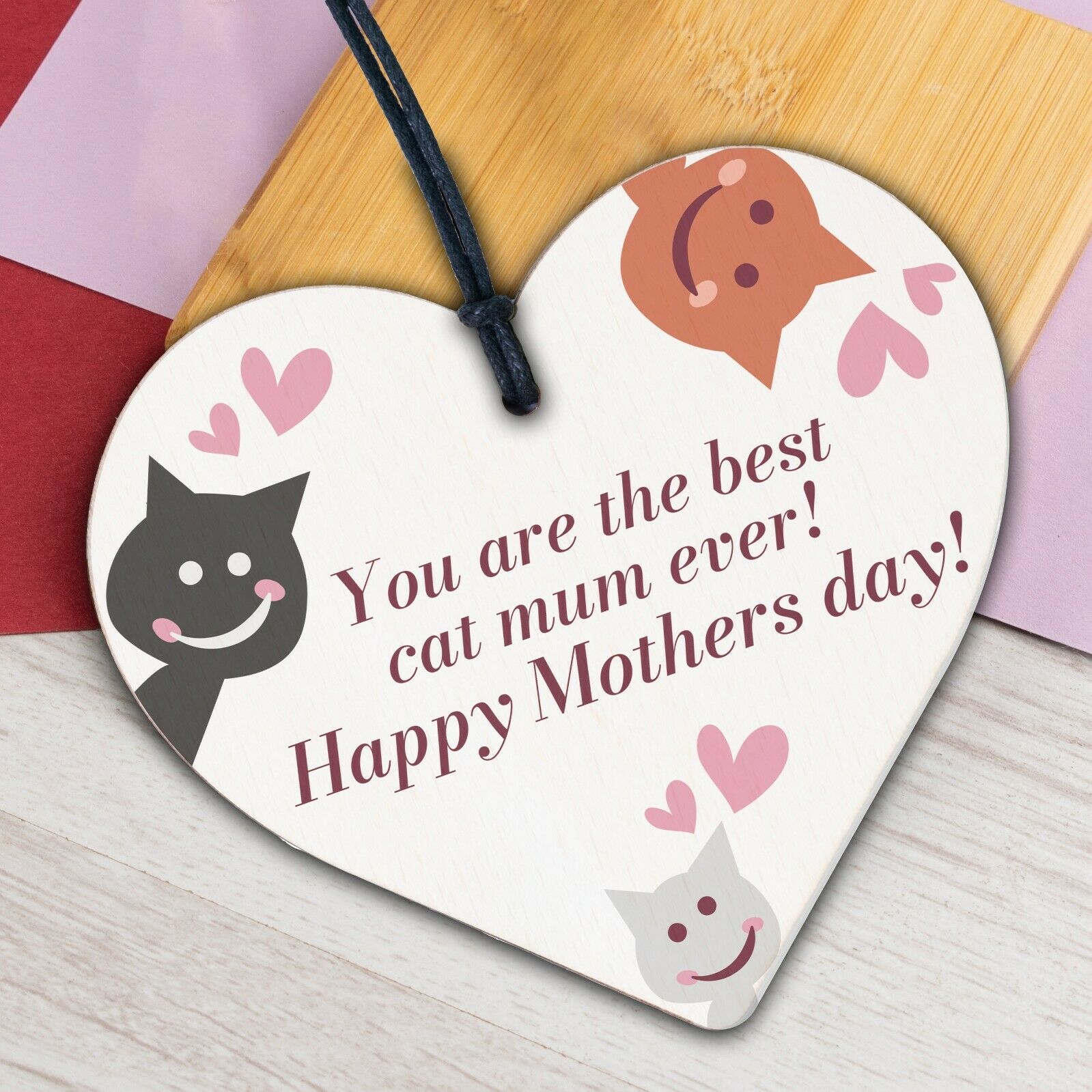 Funny Mothers Day Gift Cards Wooden Heart Best Cat Mum Gifts Humour Cat Signs