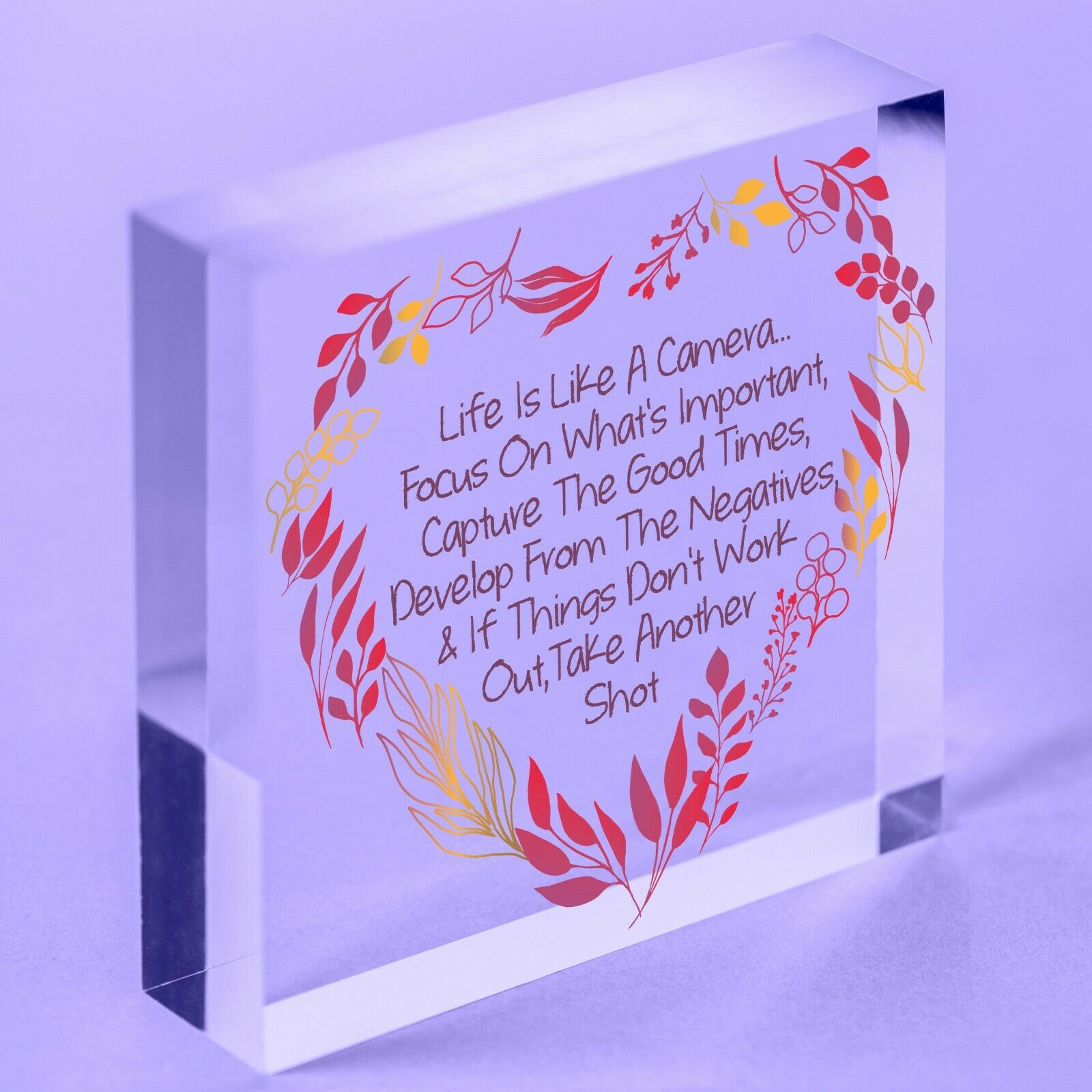 Life is Like A Camera Sign Plaque Gift Shabby Chic Acrylic Heart Thank You