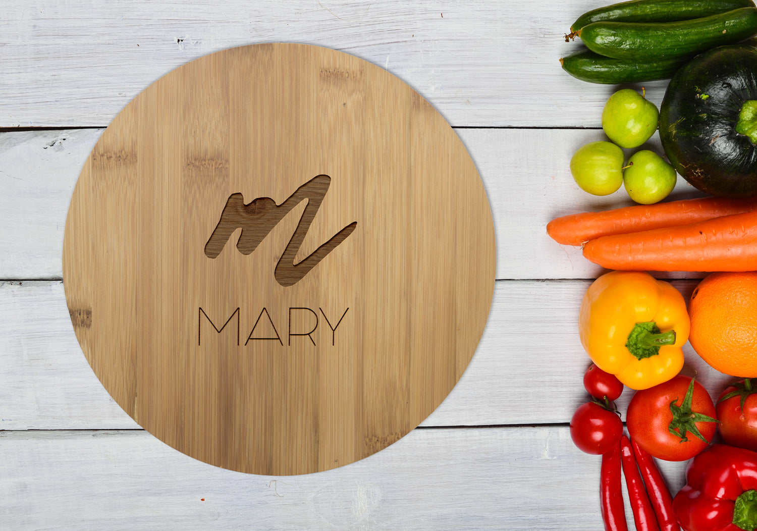 Personalised Bamboo Serving or Cutting Board - Round - Chop it Up!