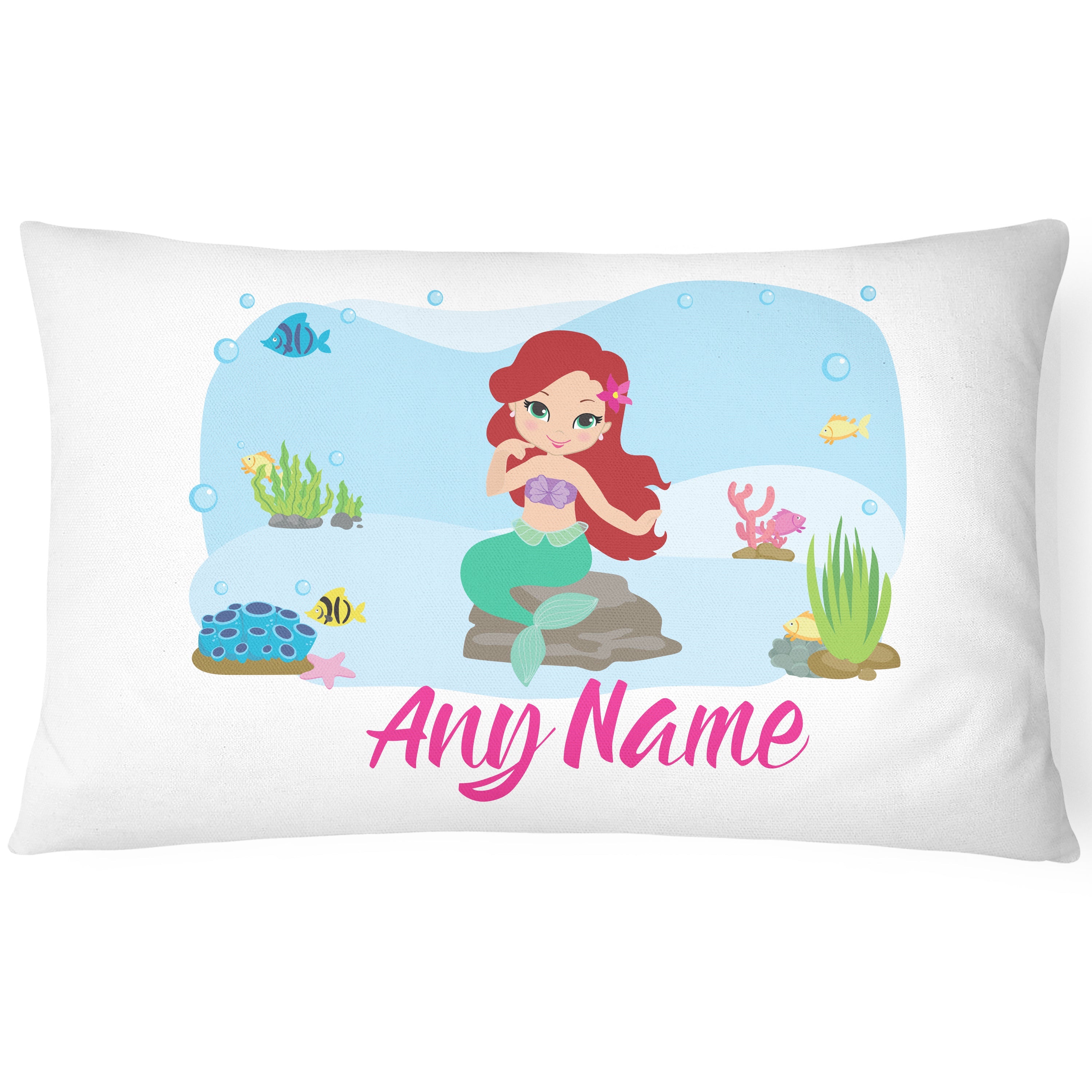 Personalised Mermaid Pillow Case Printed Gift Children Custom Print - Red Head