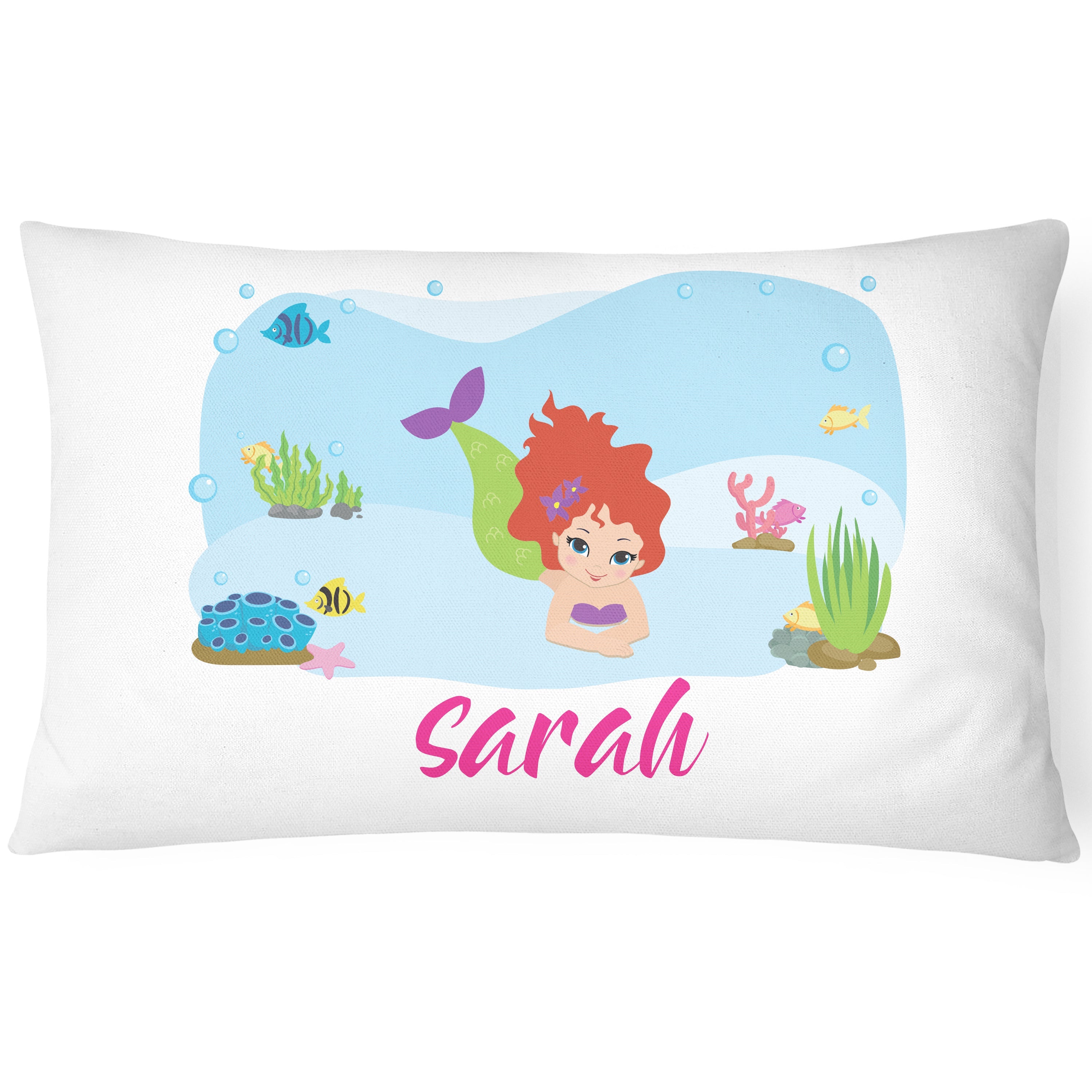 Personalised Mermaid Pillow Case Printed Gift Children Custom Print  - Red Hair