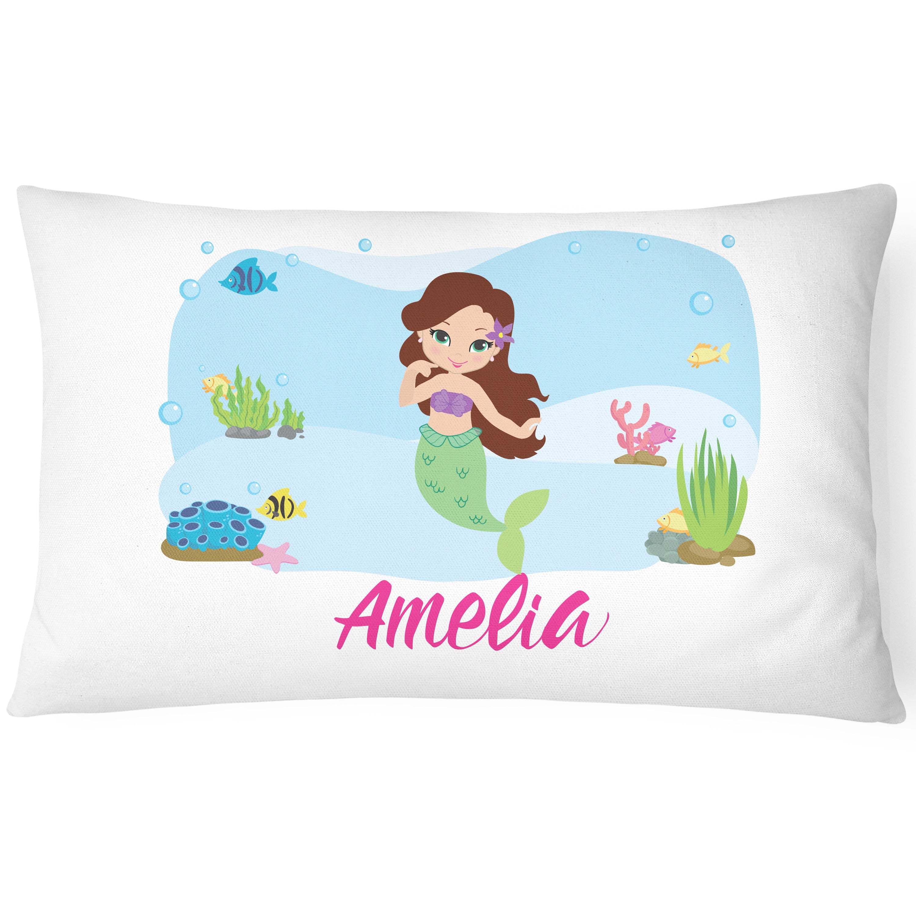 Personalised Mermaid Pillow Case Printed Gift Children Custom Print - Brown Hair