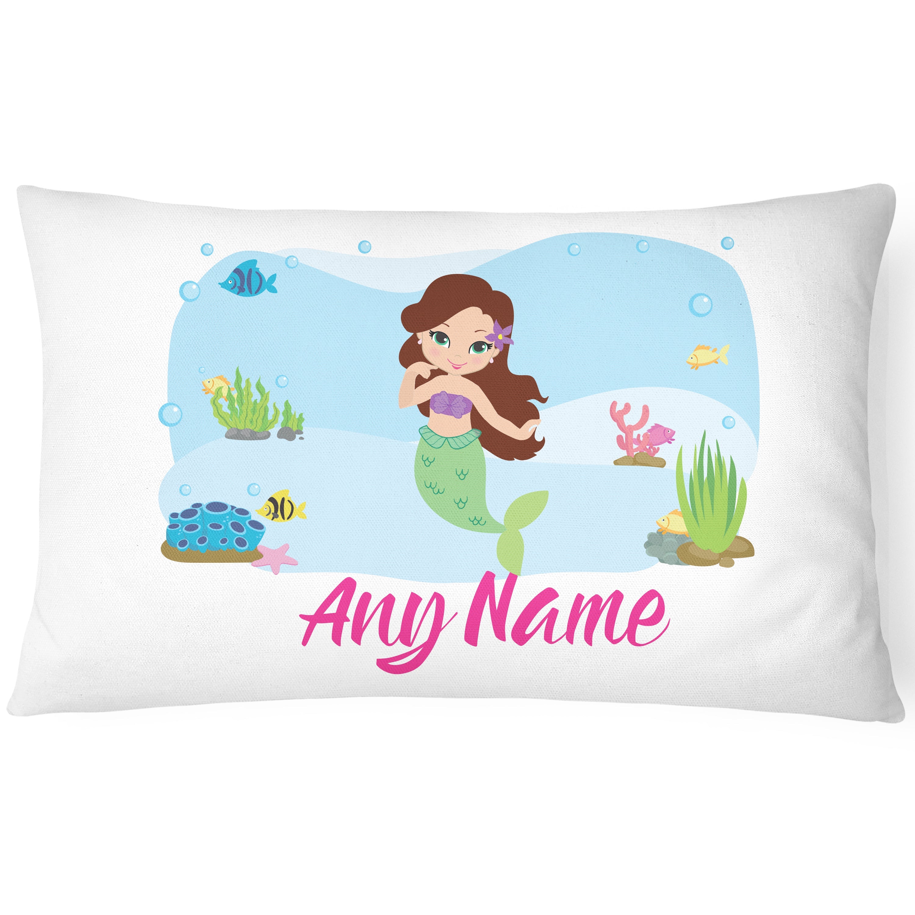 Personalised Mermaid Pillow Case Printed Gift Children Custom Print - Brown Hair