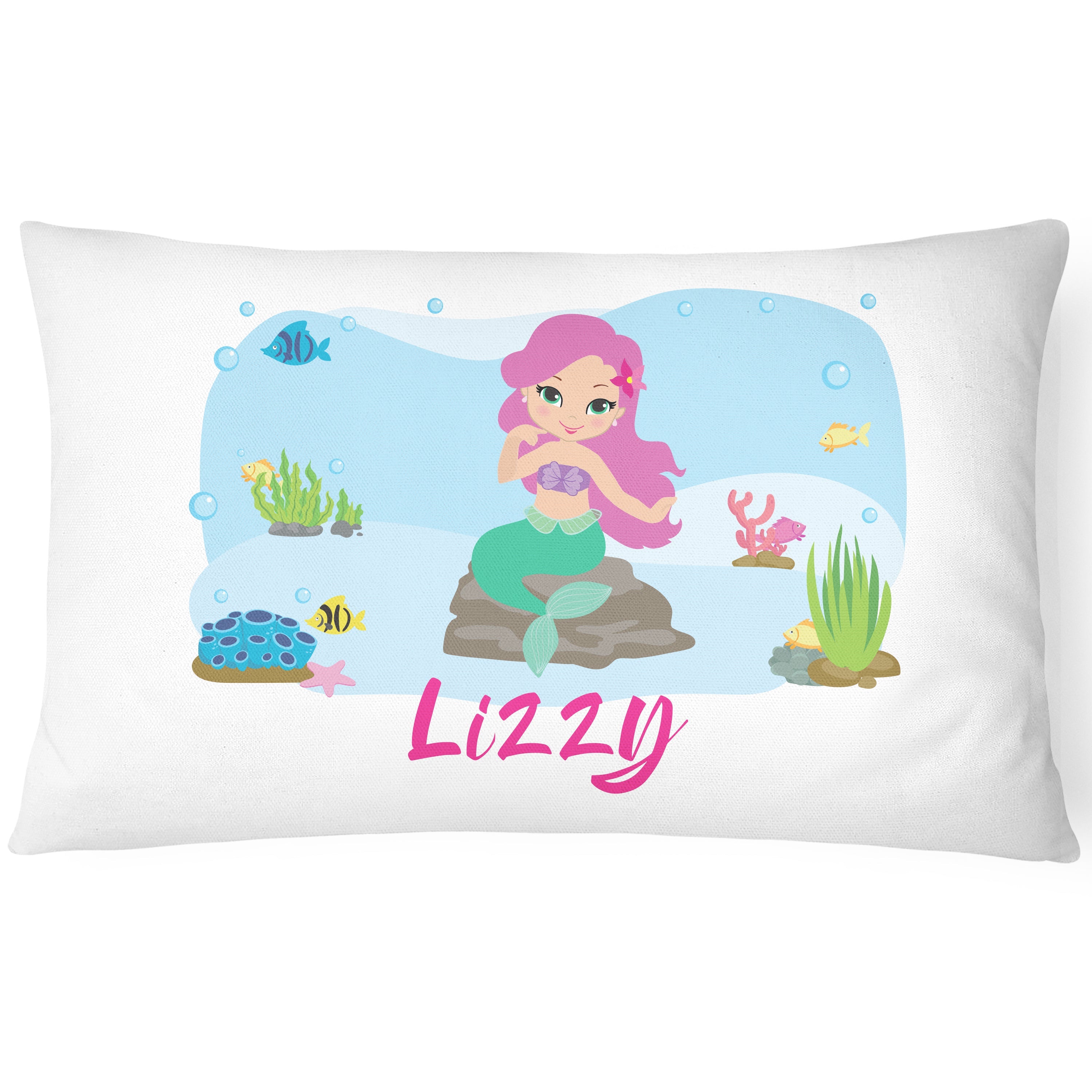 Personalised Mermaid Pillow Case Printed Gift Children Custom Print - Pink Hair