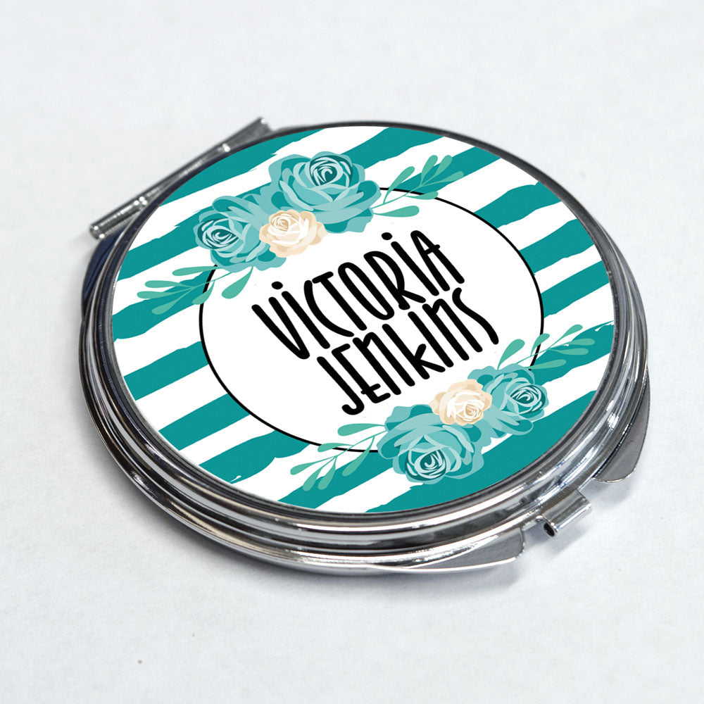 Personalised Pocket Mirror - Round - Green Stripes