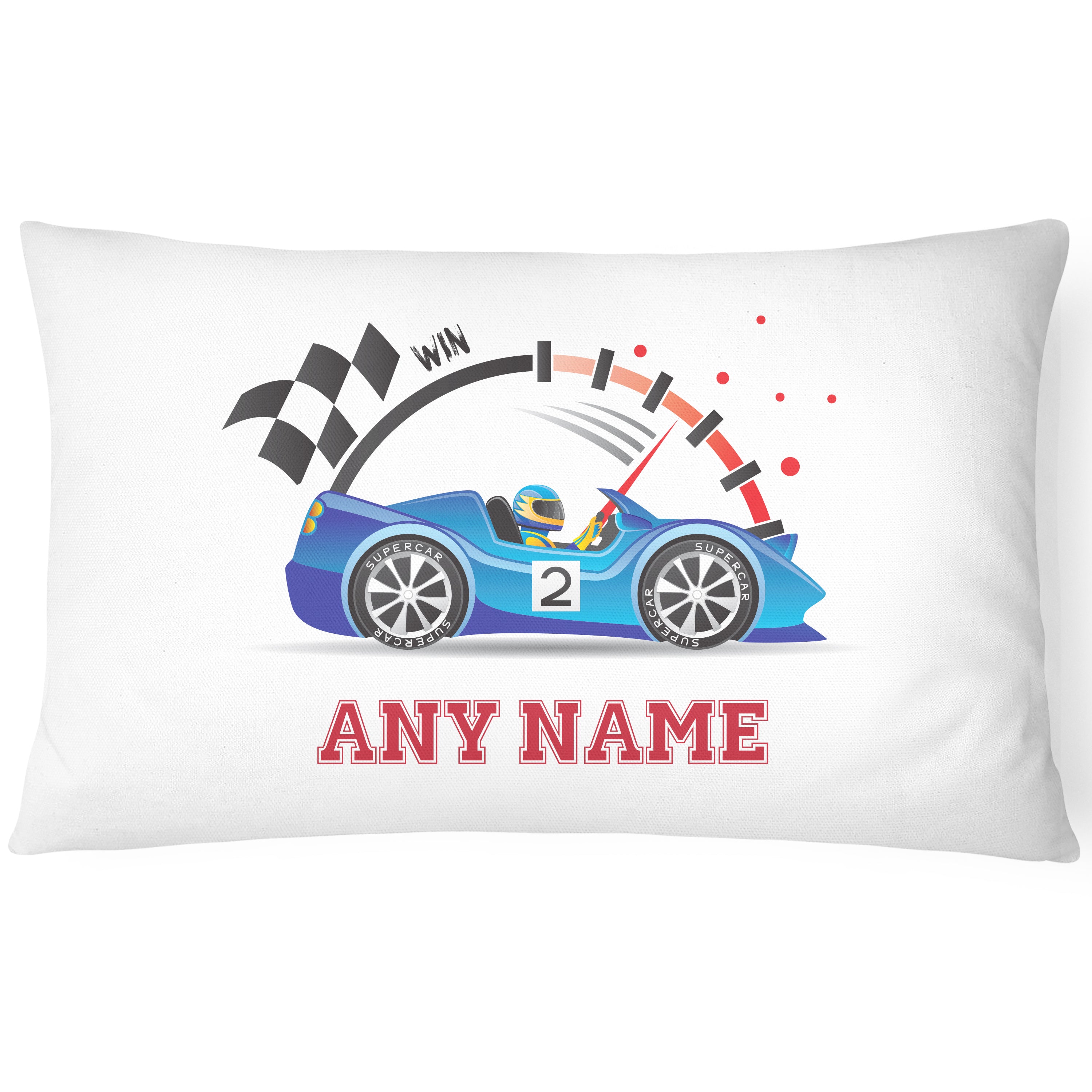 Race Car Pillowcase for Kids - Personalise With Any Name - Perfect Children's Gift - Blue