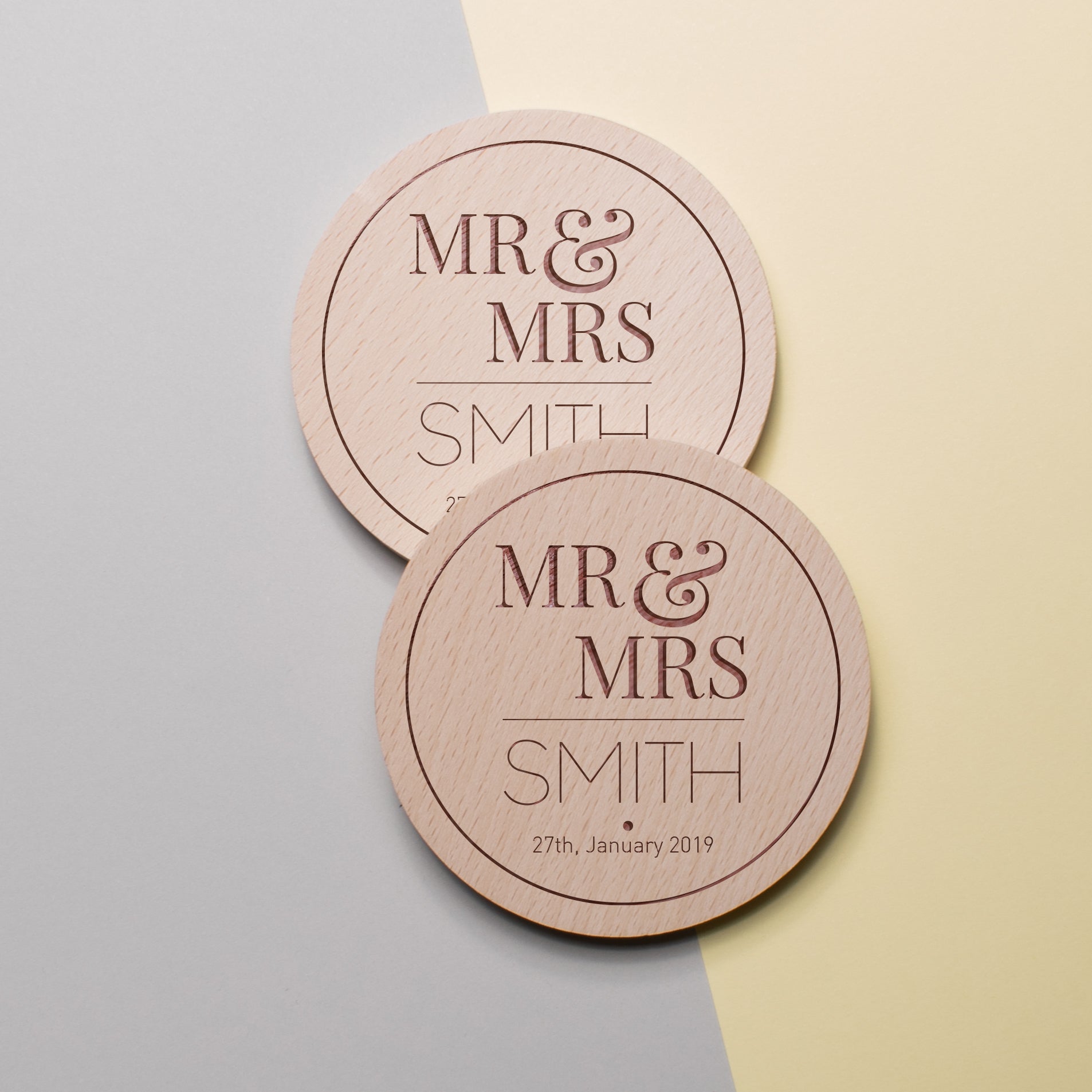 Personalised Pine Engraved Coaster Round - Mr & Mrs