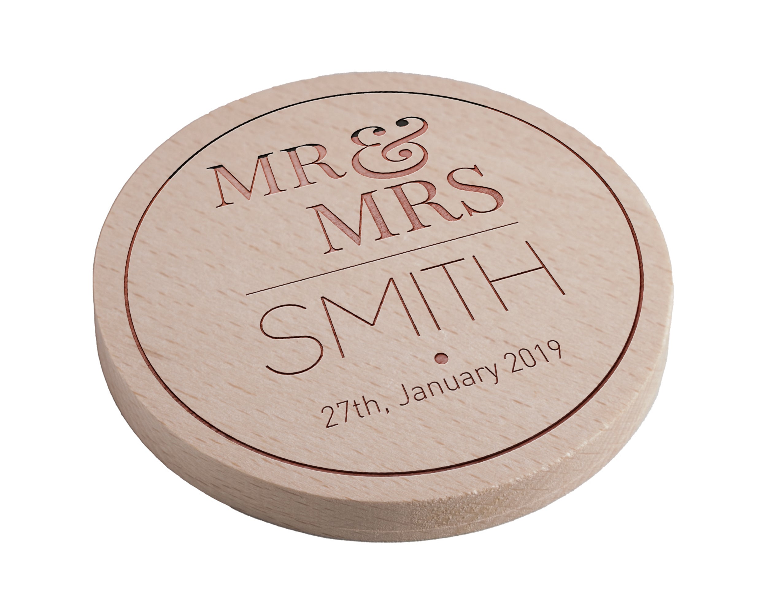 Personalised Pine Engraved Coaster Round - Mr & Mrs