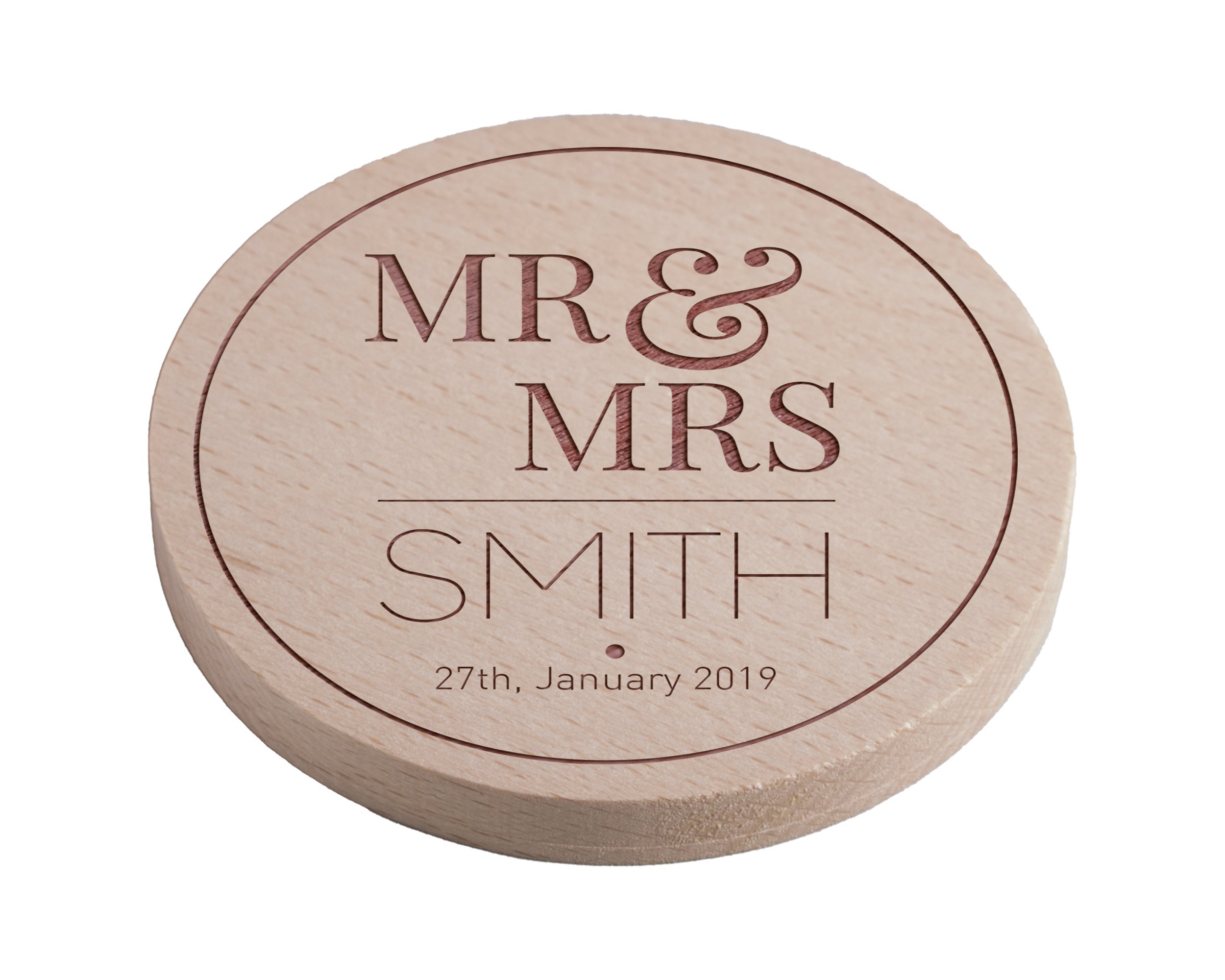 Personalised Pine Engraved Coaster Round - Mr & Mrs