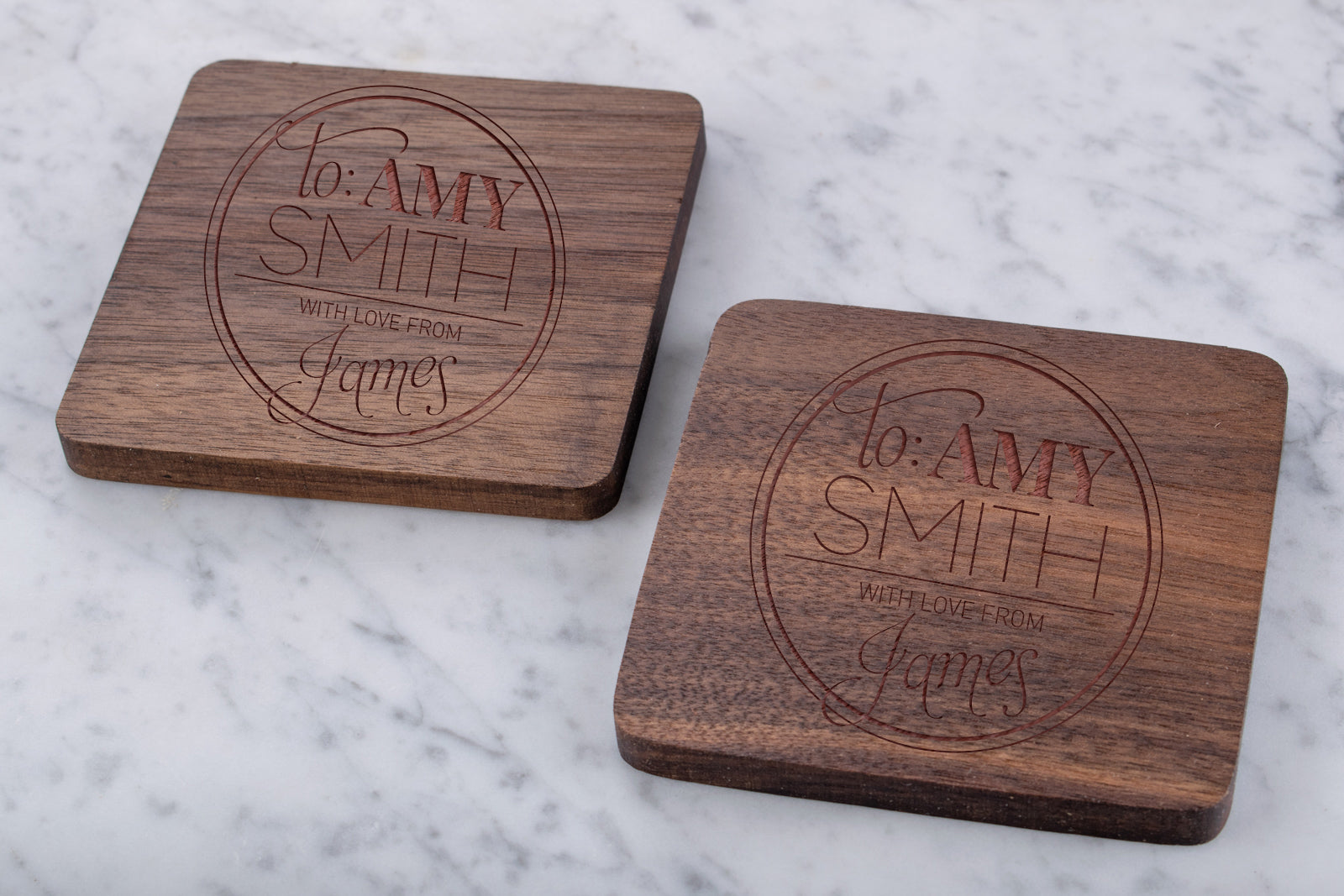 Personalised Engraved Wooden Walnut Coaster - First Bold