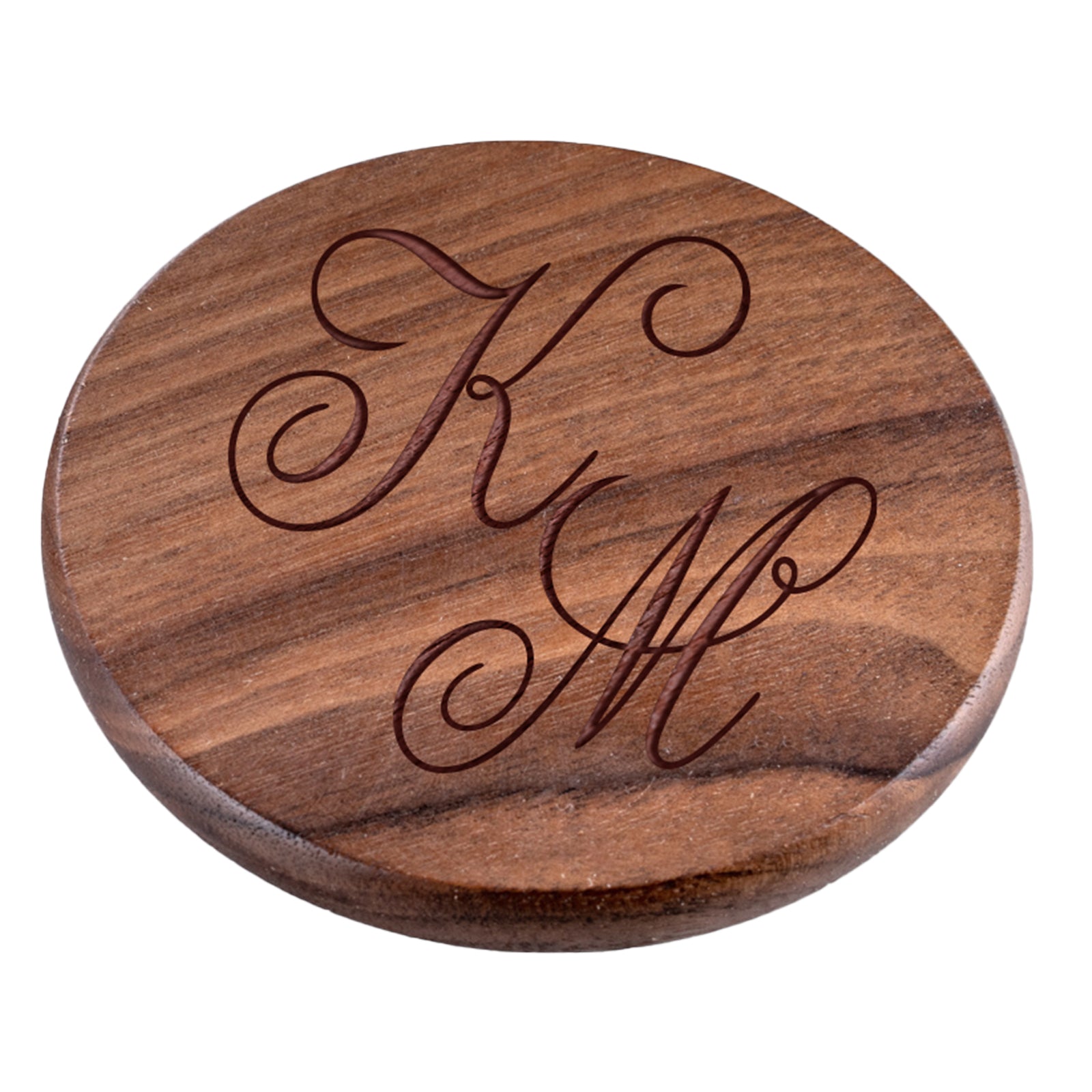 Personalised Engraved Walnut Coaster Round - Cursively