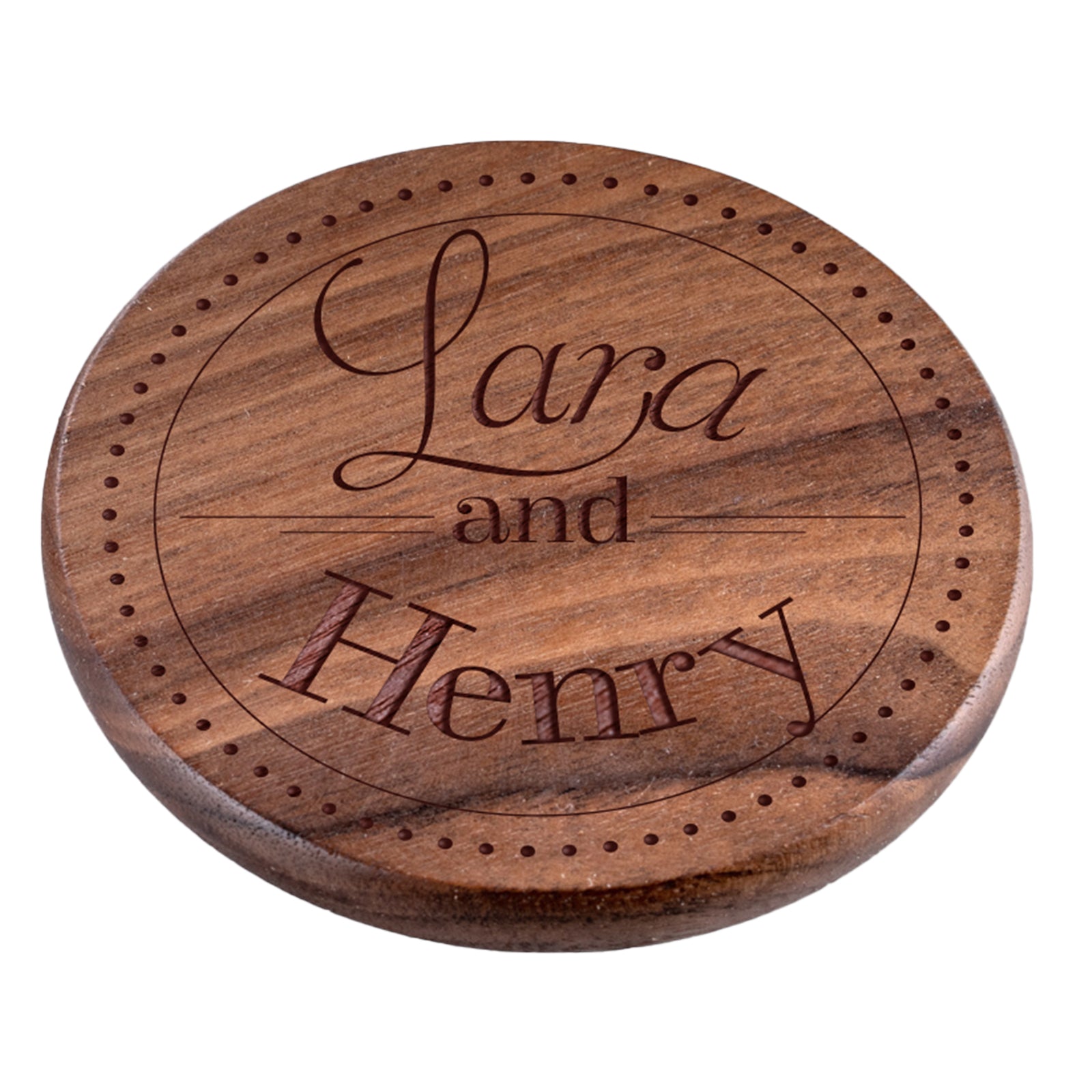 Personalised Engraved Walnut Coaster Round - Cursive