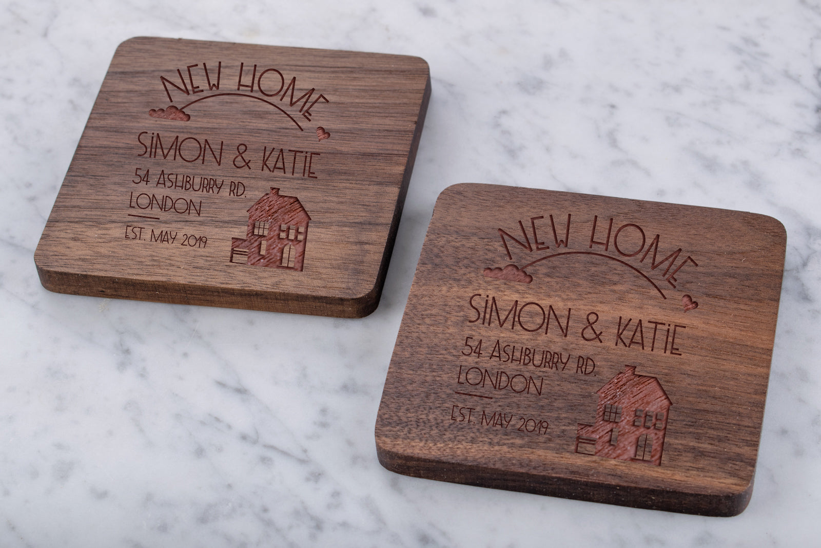 Personalised Engraved Wooden Walnut Coaster - House on the Hill