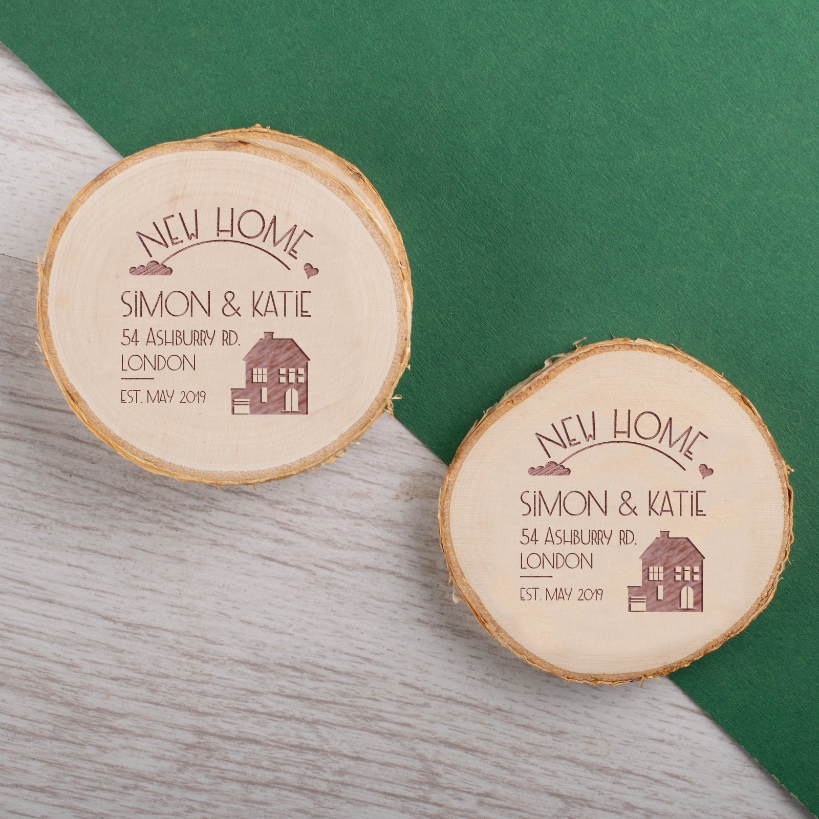 Personalised Engraved Wooden Coaster Wood Log - House