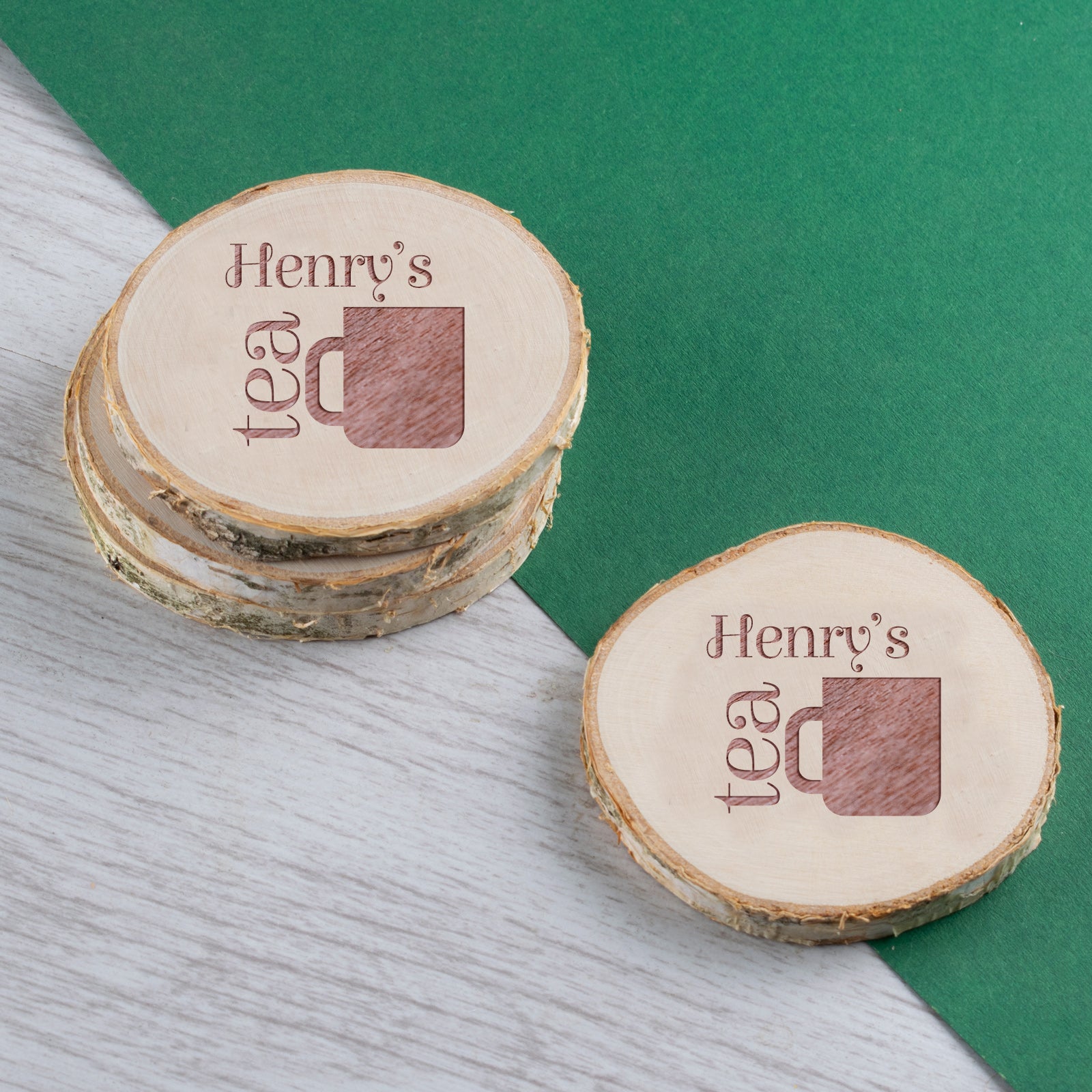 Personalised Engraved Wooden Coaster Wood Log - Tea Time