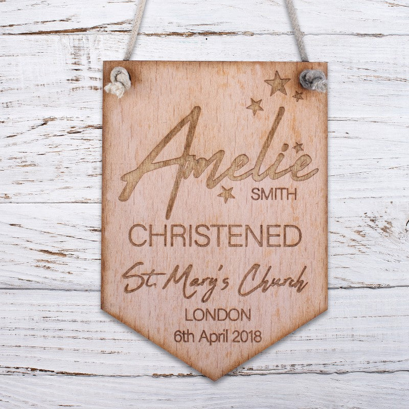 Personalised Wooden Door Sign - Christened v2