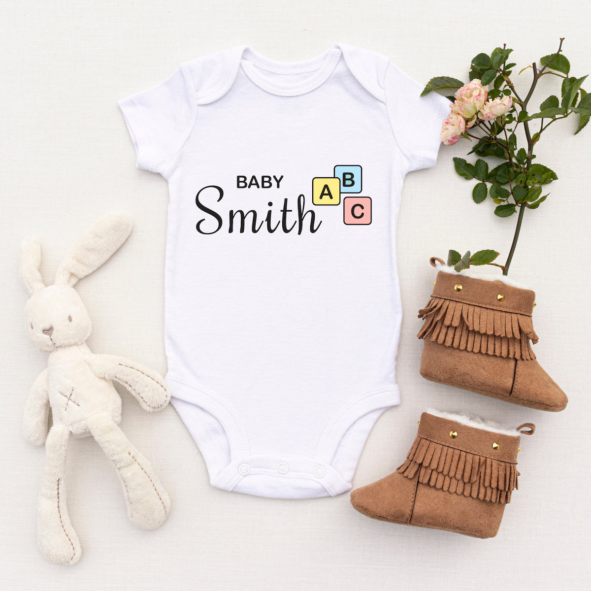 Personalised White Baby Body Suit Grow Vest - Coloured Blocks