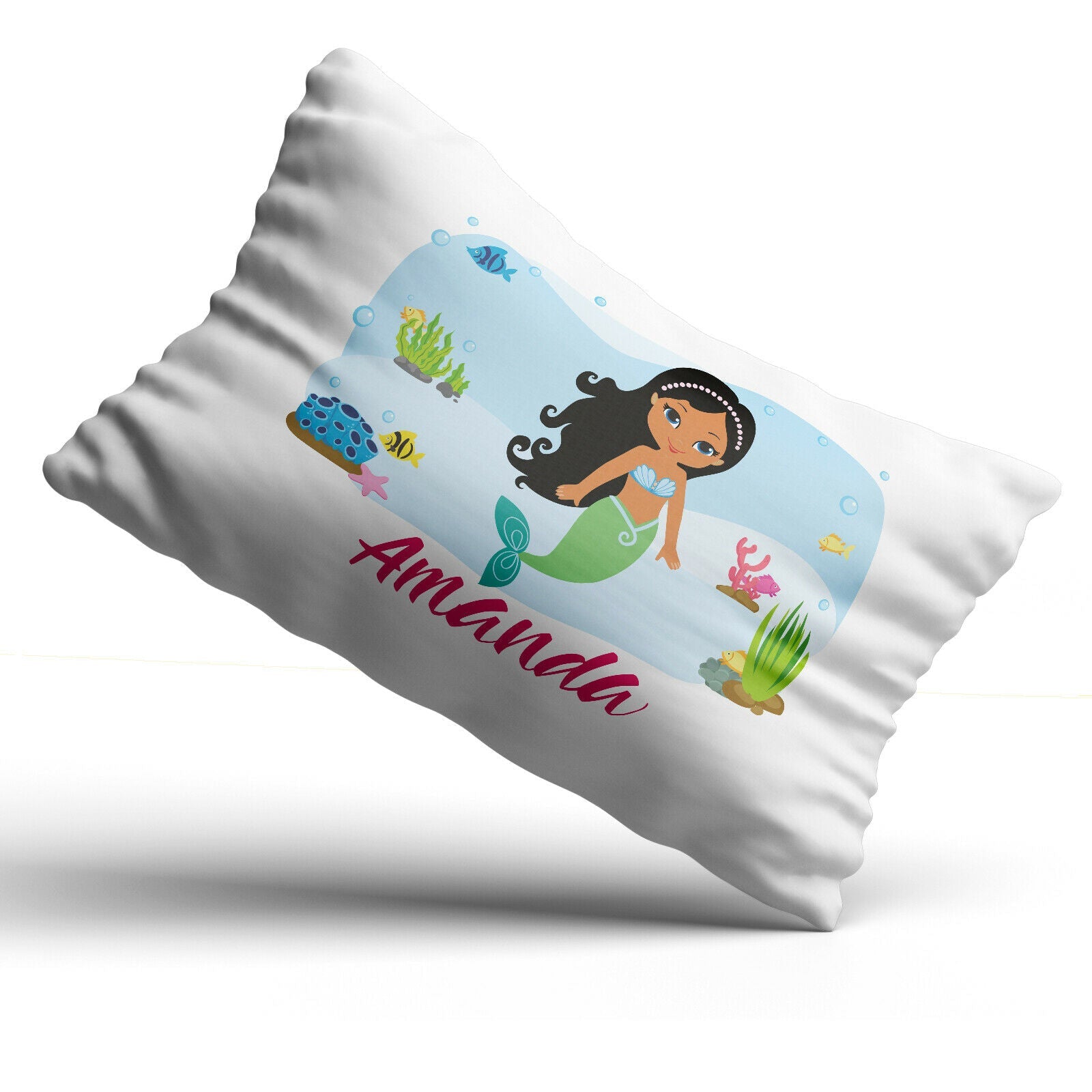 Personalised Mermaid Pillow Case Printed Gift Children Custom Print - Black Hair